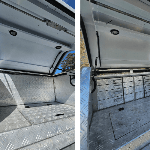 Empty metallic storage compartment with drawers refurbishment before and after