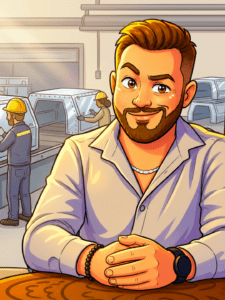 cartoon picture of a man with a factory in the background