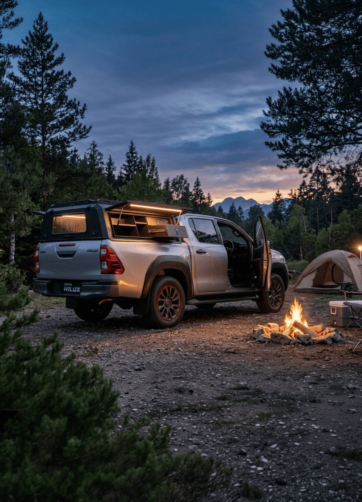 bakkie with off-road canopy parked next to camp fire and tent in nature with mountains in the background at dusk